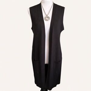 Spense Black Ribbed Sleeveless Duster Cardigan Vest XL Long Open Front